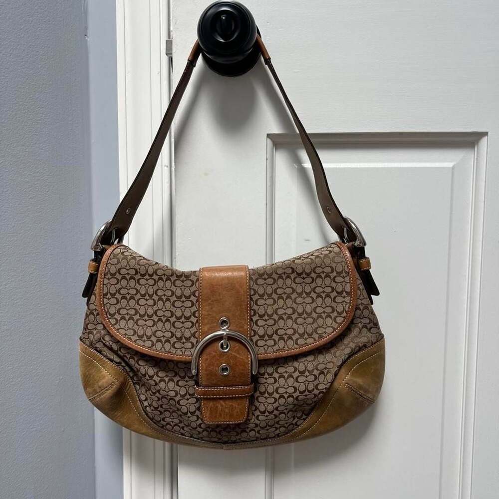 Coach Signature Soho Jacquard Flap Shoulder Bag Brown Tan Leather F06308